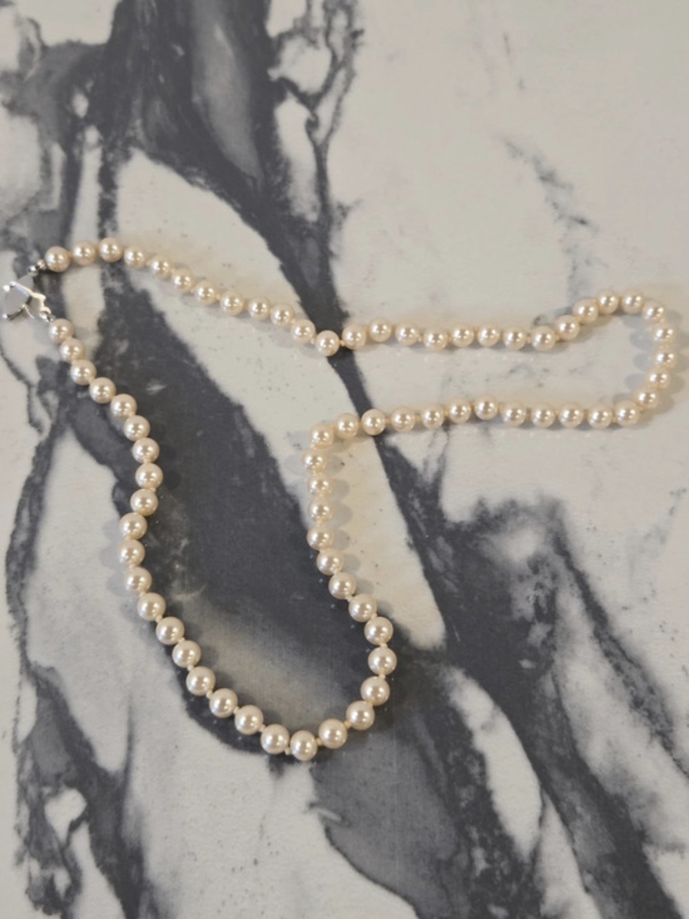 Vintage Classic Cream Faux Pearl Strand Necklace Filigree Fishhook Clasp 20”